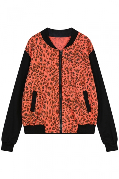 Unique Leopard Print Color Block Sleeve Baseball Jacket