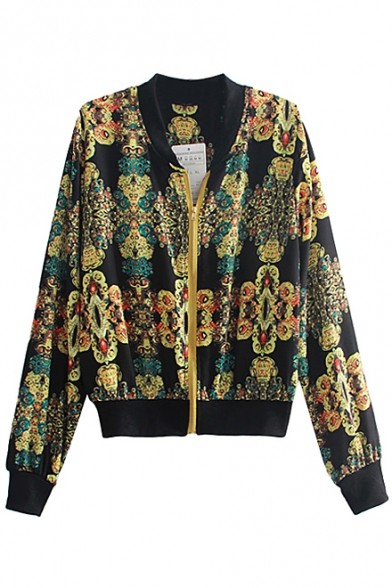 Yellow Floral Print Stand Collar Zipper Fly Fitted Jacket
