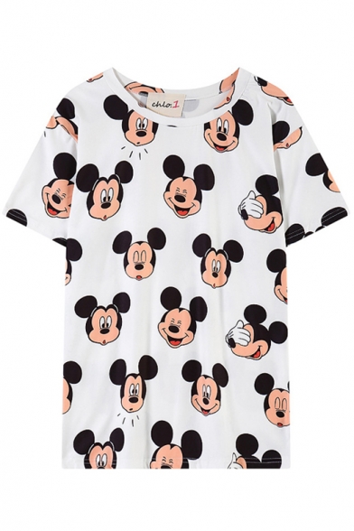 All Over Cartoon Mouse Print Short Sleeve White T-Shirt - Beautifulhalo.com