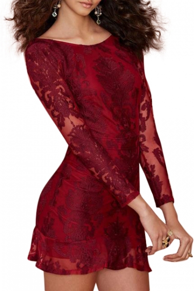 Backless Cutout Detail Red Lace Cover Cropped Sleeve Sheath Dress