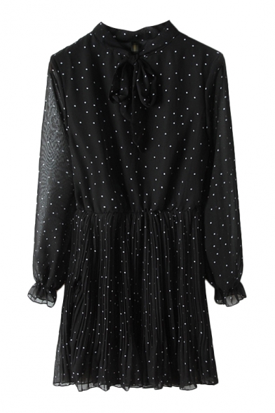 Bow Collar White Mini Dot Pattern Black Chiffon Dress