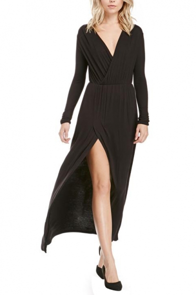 Deep V-neck Front Split Ruched Longline Dress in Black - Beautifulhalo.com