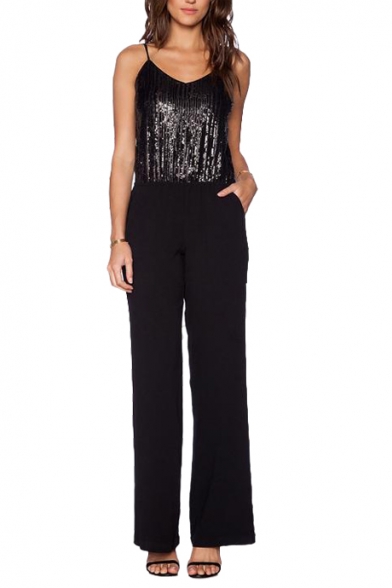 Spaghetti Strap V-Neck Sequins Embellished Top Panel Style Jumpsuits