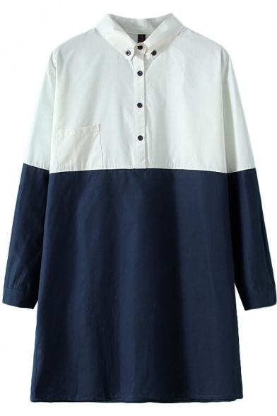 Top&Bottom Color Block Style Stand Collar Smock Shirt