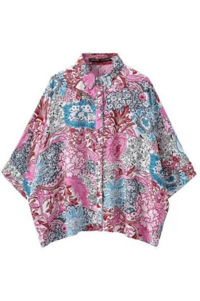 Batwing Sleeve Pink Background Opulent Flower Print Loose Shirt