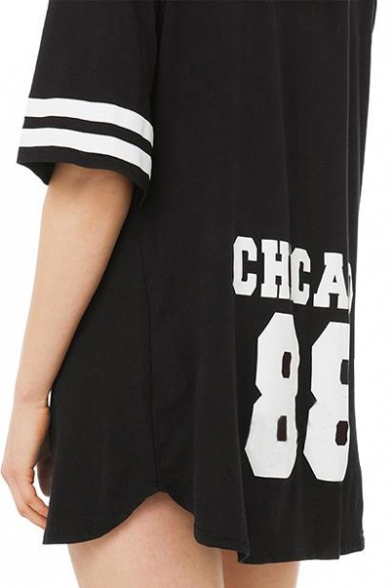Boyfriend Baseball Style Button Fly Short Sleeve Letter&Stripe&No.Print Shirt