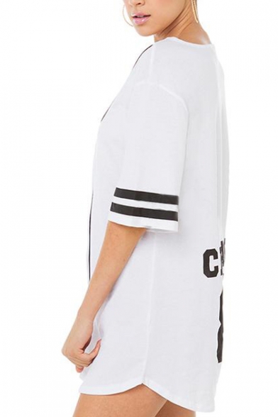 Boyfriend Baseball Style Button Fly Short Sleeve Letter&Stripe&No.Print Shirt
