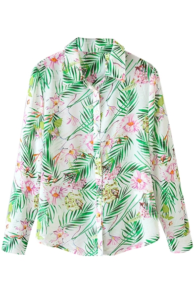 Green Leaves&Pink Flower Print Shirt