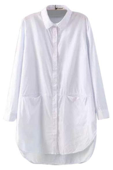 Lapel White Round Hem Shirt with Double Pockets