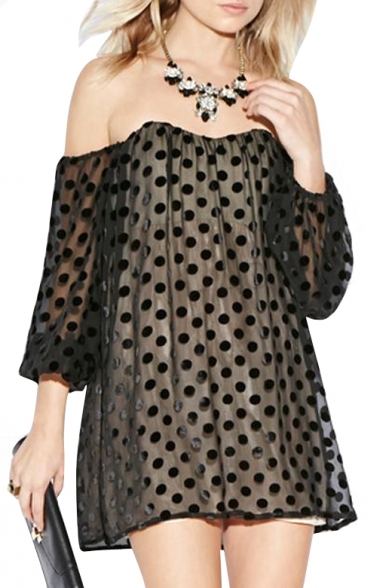 Off-the-Shoulder Polka Dot Pattern Sheer Style Chiffon Column Dress