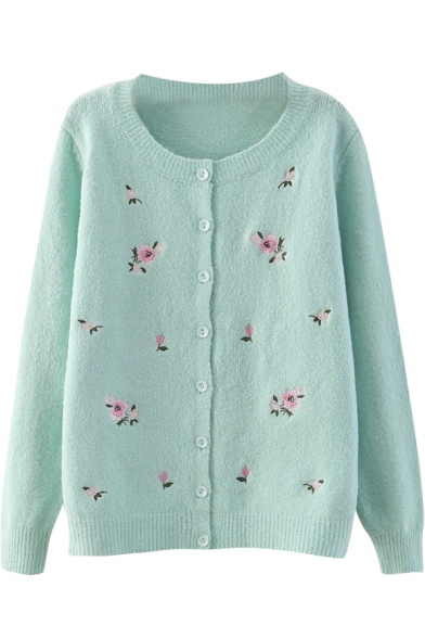 Round Neck Mini Floral Embroidered Cardigan