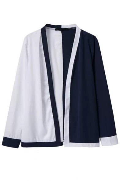 White&Blue Color Block Style Contrast Trim Coat