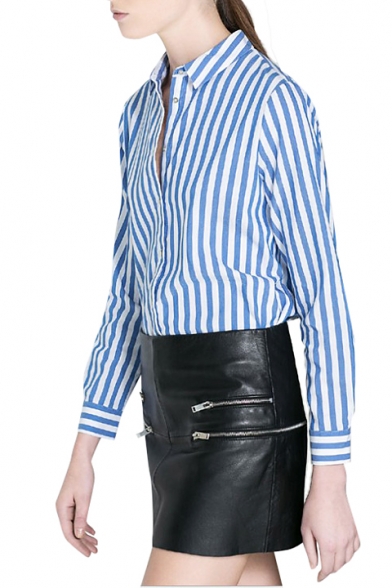 Boyfriend Style Blue Vertical Stripe Pattern Shirt