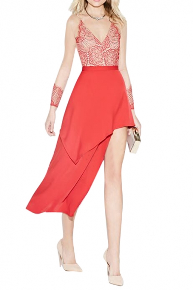 Red High Waist Asymmetric Ruffle Hem Sexy Longline Skirt