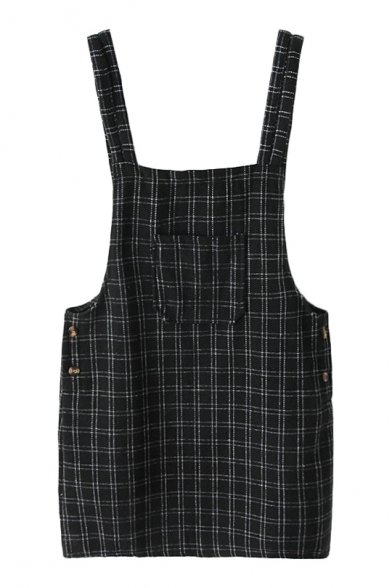 Single Pocket Embellished Plaid Pattern Wool Overralls Dress