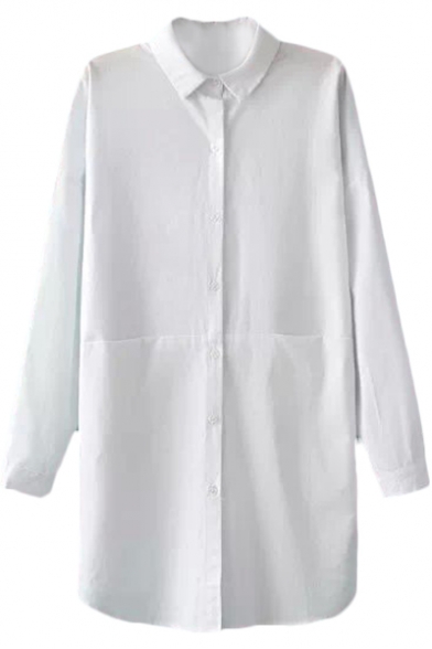 Concealed Pockets Plain Concise Longline Shirt