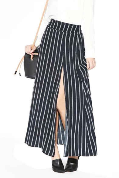 High Waist Vertical Stripe Front Split Longline Skirt