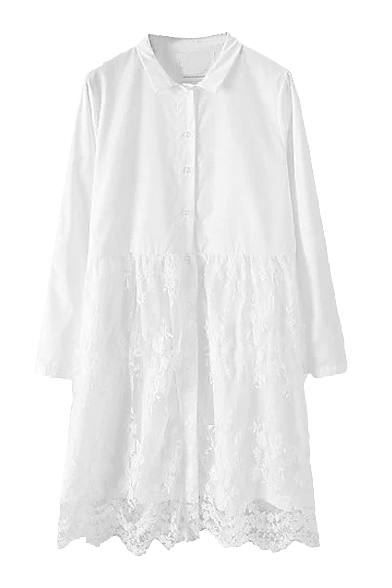 Shirt Style Lace Panel Hem White Dress