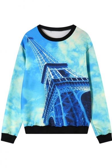 Blue Sky&Eiffel Print Round Neck Sweatshirt