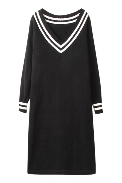 Contrast Trim V-Neck Long Sleeve Knitted Dress