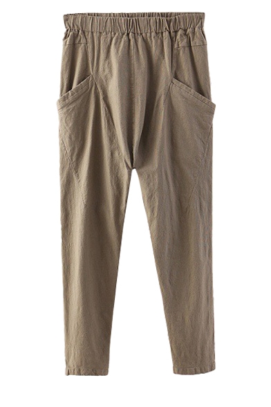 Plain Elastic Waist Double Pocket Cotton&Linen Harem Pants