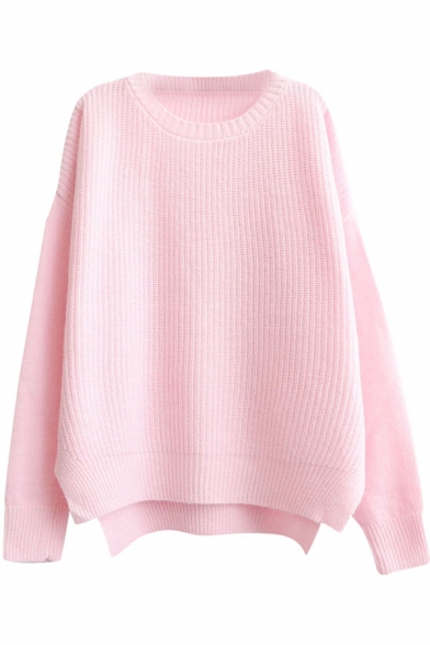 Plain Round Neck Candy Color Style Step Hem Rabbit Hair Batwing Sweater ...
