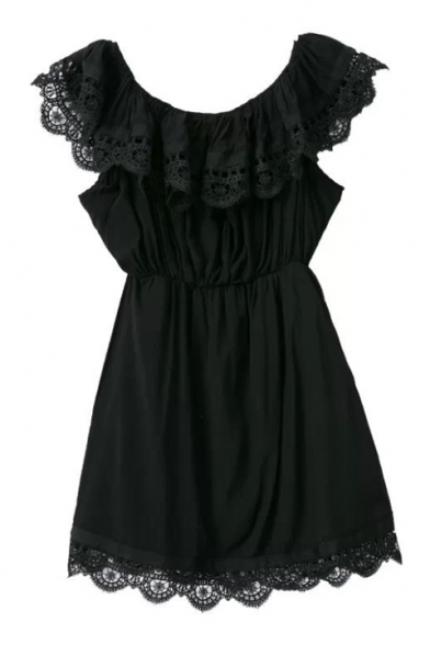 Scoop Neck Lace Ruffle Trim Ruched Detail Gathered Waist Sleeveless Dress
