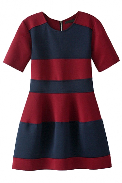 Thick Stripe Color Block Short Sleeve A-line Dress