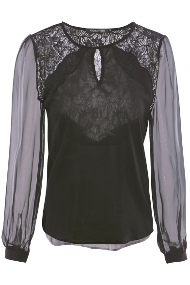 Gothic Style Back Lace Inset Round Neck Sheer Blouse - Beautifulhalo.com