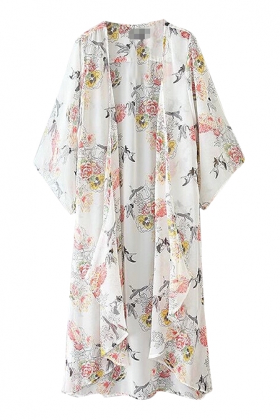 Bird Floral Print 3/4 Sleeve Open Front Tunic Kimono - Beautifulhalo.com
