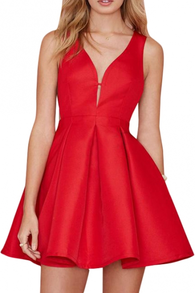Red Sexy Plunge Neck Fit&Flare Tanks Dress