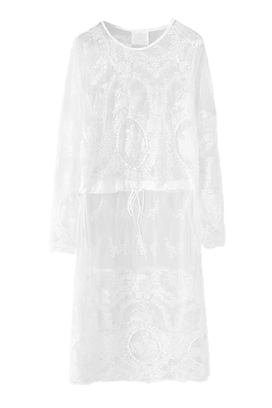 Round Neck Illusion Lace Embroidered Waist Drawstring Dress