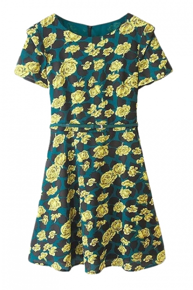 All Over Yellow Flower Print A-line Dress with Belt