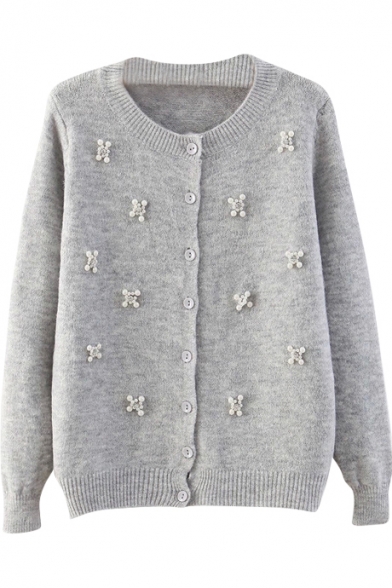 Round Neck Beaded Floral Cardigan