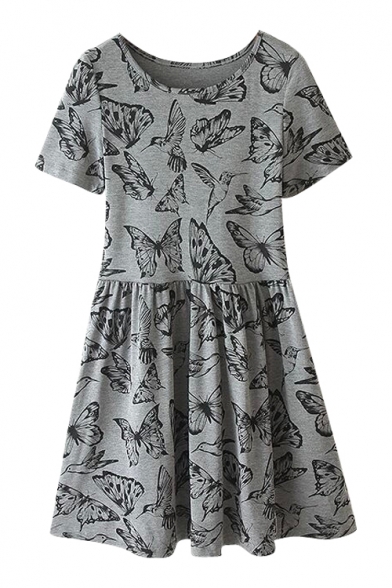 Round Neck Short Sleeve Black Butterfly Print Gray Dress