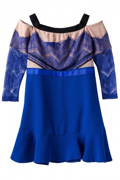 Royal Blue Lace Inset Off-the-Shoulder Dress