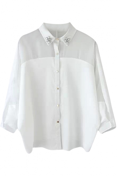 Beaded Point Collar 3/4 Sleeve Sheer Panel Shirt