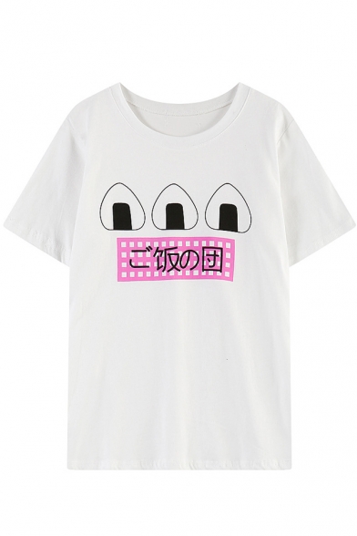 Rice Roll&Japanese Word Print Short Sleeve T-shirt