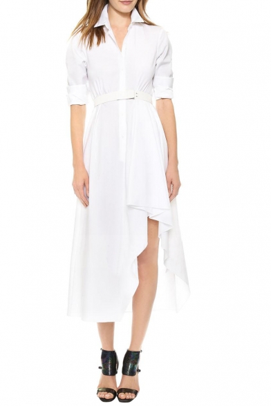 Asymmetric Hem Boyfriend Shirt Style Tea Length White Dress with Belt