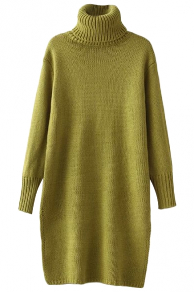 Roll Neck Plain Knitted Longline Sweater in Concise Style