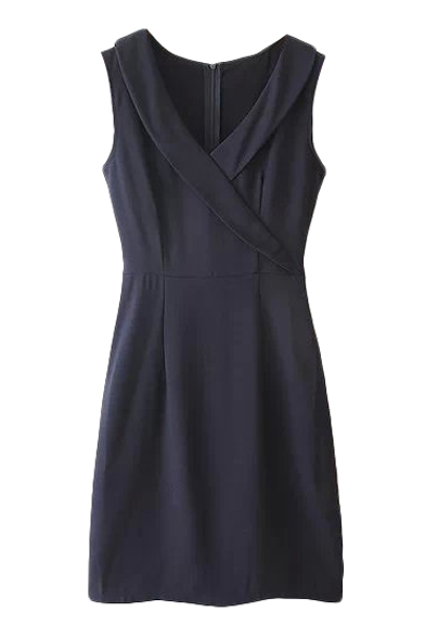 V-Neck Lapel Style Sleeveless Sheath Plain Dress