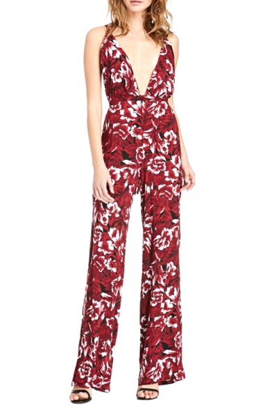 Plunge Neck Flower Print Cami Jumpsuit with Cross Strap Back