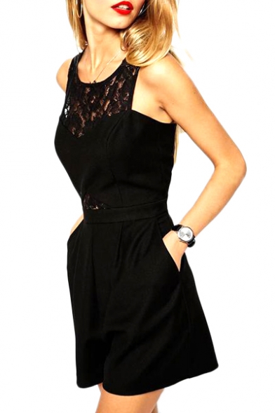 Black Lace Cutout Style Sleeveless High Waist Playsuit