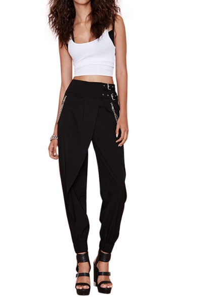 Black Tiered Style Chain Embellished Tapered Pants