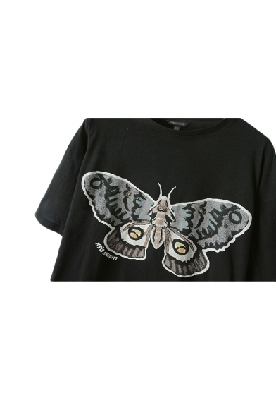 Gray Big Butterfly Print Shirt Sleeve T-Shirt in Black - Beautifulhalo.com