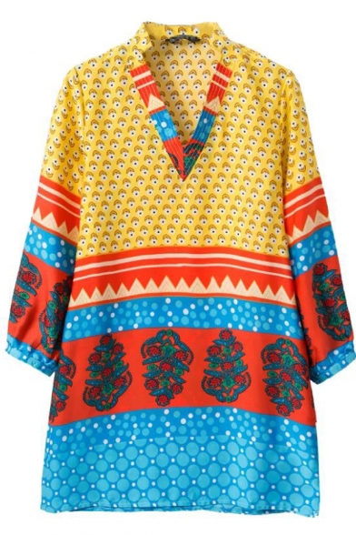 V-Neck Multi Color Geo-Tribal Print Loose Dress