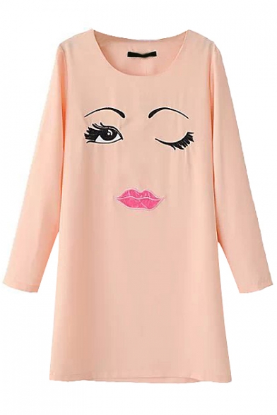 Big Eyes and Red Lips Print Round Neck Pink Dress