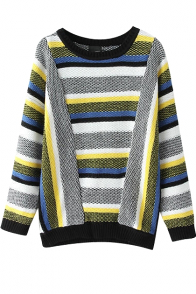 Vertical&Horizontal Multi Stripe Color Block Sweater