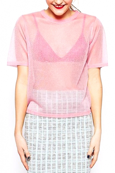 Pink Sheer Mesh Cute Style Short Sleeve T-shirt