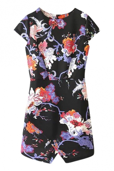 Round Neck Short Sleeve Bloom Flower Print Black Front Hem Split Dress